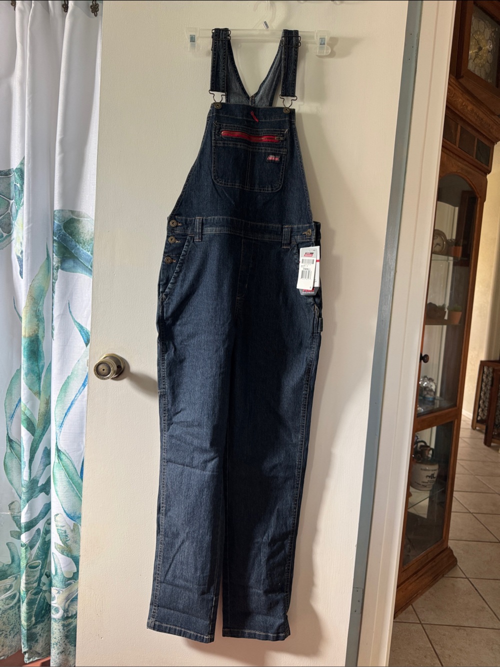Dickies Dark Blue Straight Denim Overalls with Red Accents